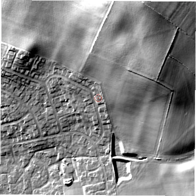 Shaded relief map of the ground around DL61QE, computed from Environment Agency LiDAR. The ground here sits at about 53 m above sea level and falls 29 m across the surrounding 800 m. Surface water reaching this point runs off ground lying to the north-north-east, 20.6 m higher.
