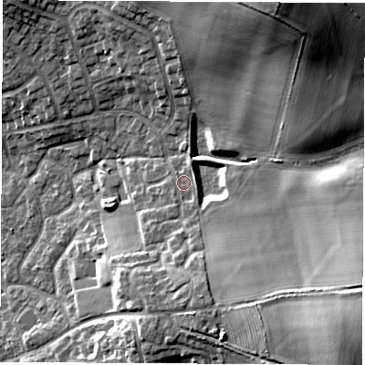 Shaded relief map of the ground around DL61QJ, computed from Environment Agency LiDAR. The ground here sits at about 50 m above sea level and falls 24 m across the surrounding 800 m. Surface water reaching this point runs off ground lying to the north-east, 15.3 m higher.