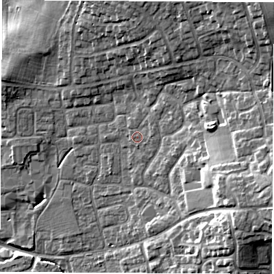 Shaded relief map of the ground around DL61QX, computed from Environment Agency LiDAR. The ground here sits at about 44 m above sea level and falls 15 m across the surrounding 800 m. Surface water reaching this point runs off ground lying to the east-north-east, 0.9 m higher.