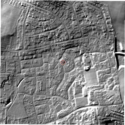 Shaded relief map of the ground around DL61QY, computed from Environment Agency LiDAR. The ground here sits at about 45 m above sea level and falls 21 m across the surrounding 800 m. Surface water reaching this point runs off ground lying to the east-north-east, 1.4 m higher.