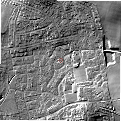 Shaded relief map of the ground around DL61QZ, computed from Environment Agency LiDAR. The ground here sits at about 46 m above sea level and falls 22 m across the surrounding 800 m. Surface water reaching this point runs off ground lying to the north-north-east, 10.4 m higher.