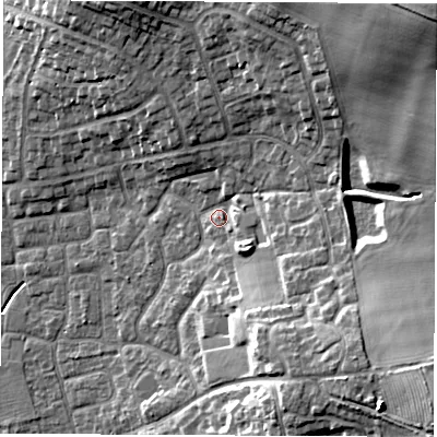 Shaded relief map of the ground around DL61RB, computed from Environment Agency LiDAR. The ground here sits at about 47 m above sea level and falls 25 m across the surrounding 800 m. Surface water reaching this point runs off ground lying to the north-east, 20.2 m higher.