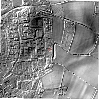 Shaded relief map of the ground around DL61ST, computed from Environment Agency LiDAR. The ground here sits at about 48 m above sea level and falls 19 m across the surrounding 800 m. Surface water reaching this point runs off ground lying to the south-east, 14.8 m higher.