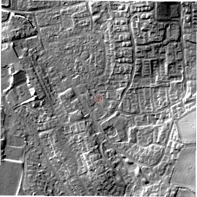 Shaded relief map of the ground around DL61SW, computed from Environment Agency LiDAR. The ground here sits at about 43 m above sea level and falls 13 m across the surrounding 800 m. Surface water reaching this point runs off ground lying to the north-east, 10.3 m higher.
