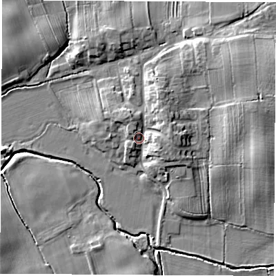 Shaded relief map of the ground around DL62AB, computed from Environment Agency LiDAR. The ground here sits at about 51 m above sea level and falls 12 m across the surrounding 800 m. Surface water reaching this point runs off ground lying to the east, 4.4 m higher.