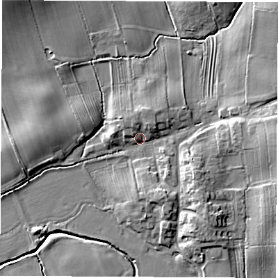 Shaded relief map of the ground around DL62AF, computed from Environment Agency LiDAR. The ground here sits at about 50 m above sea level and falls 11 m across the surrounding 800 m. Surface water reaching this point runs off ground lying to the east, 6.2 m higher.