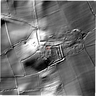 Shaded relief map of the ground around DL62DR, computed from Environment Agency LiDAR. The ground here sits at about 112 m above sea level and falls 62 m across the surrounding 800 m. Surface water reaching this point runs off ground lying to the east, 5.2 m higher.