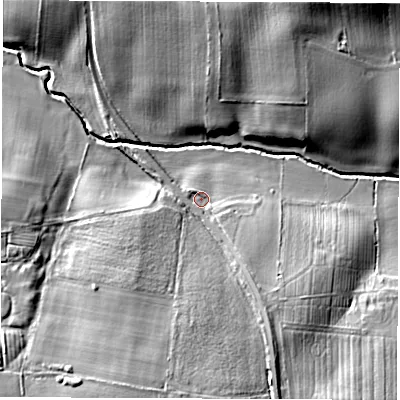 Shaded relief map of the ground around DL62HB, computed from Environment Agency LiDAR. The ground here sits at about 44 m above sea level and falls 17 m across the surrounding 800 m. Surface water reaching this point runs off ground lying to the south, 6.1 m higher.
