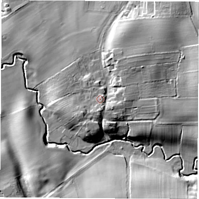 Shaded relief map of the ground around DL62LW, computed from Environment Agency LiDAR. The ground here sits at about 60 m above sea level and falls 16 m across the surrounding 800 m. Surface water reaching this point runs off ground lying to the south, 3.9 m higher.