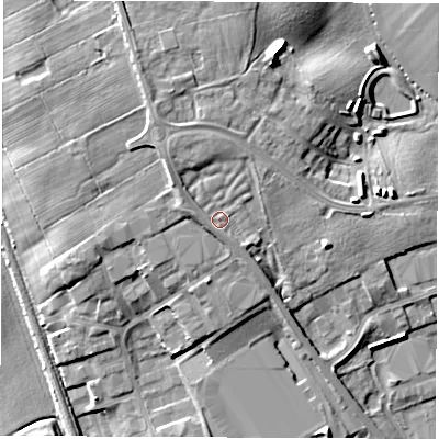 Shaded relief map of the ground around DL62NN, computed from Environment Agency LiDAR. The ground here sits at about 48 m above sea level and falls 11 m across the surrounding 800 m. Surface water reaching this point runs off ground lying to the west-north-west, 1.9 m higher.