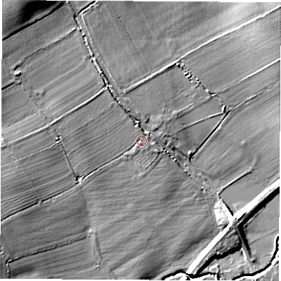 Shaded relief map of the ground around DL62PF, computed from Environment Agency LiDAR. The ground here sits at about 47 m above sea level and falls 17 m across the surrounding 800 m. Surface water reaching this point runs off ground lying to the north, 1.1 m higher.