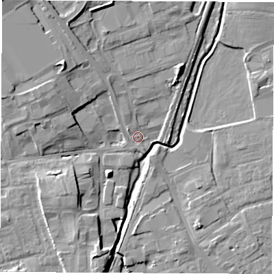 Shaded relief map of the ground around DL62PL, computed from Environment Agency LiDAR. The ground here sits at about 40 m above sea level and falls 11 m across the surrounding 800 m. Surface water reaching this point runs off ground lying to the north-north-west, 2.6 m higher.