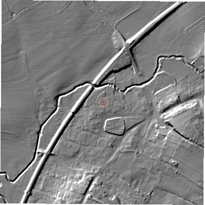 Shaded relief map of the ground around DL62PU, computed from Environment Agency LiDAR. The ground here sits at about 45 m above sea level and falls 15 m across the surrounding 800 m. The ground contributing surface water to this point lies to the north-north-west.