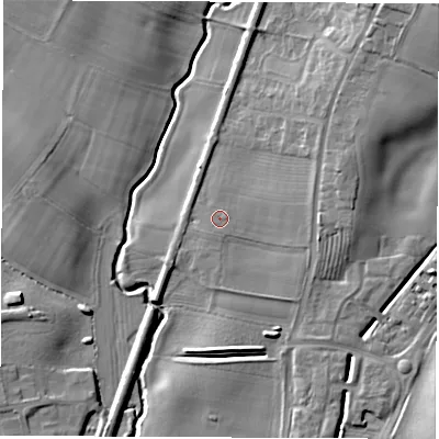 Shaded relief map of the ground around DL62PZ, computed from Environment Agency LiDAR. The ground here sits at about 43 m above sea level and falls 14 m across the surrounding 800 m. Surface water reaching this point runs off ground lying to the east-north-east, 1.0 m higher.