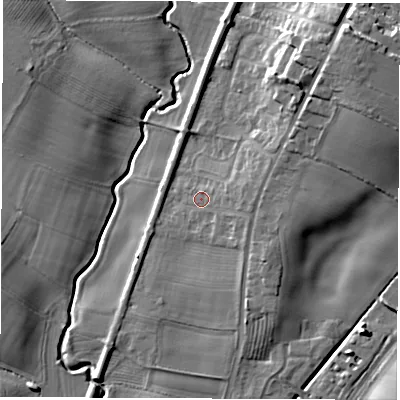 Shaded relief map of the ground around DL62QE, computed from Environment Agency LiDAR. The ground here sits at about 44 m above sea level and falls 15 m across the surrounding 800 m. Surface water reaching this point runs off ground lying to the east, 3.2 m higher.