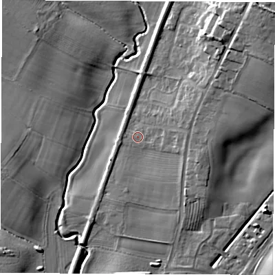 Shaded relief map of the ground around DL62QF, computed from Environment Agency LiDAR. The ground here sits at about 44 m above sea level and falls 15 m across the surrounding 800 m. Surface water reaching this point runs off ground lying to the north-east, 4.5 m higher.