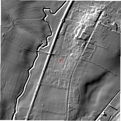 Shaded relief map of the ground around DL62QG, computed from Environment Agency LiDAR. The ground here sits at about 44 m above sea level and falls 15 m across the surrounding 800 m. Surface water reaching this point runs off ground lying to the north-east, 9.9 m higher.