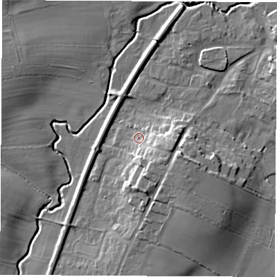 Shaded relief map of the ground around DL62QJ, computed from Environment Agency LiDAR. The ground here sits at about 46 m above sea level and falls 14 m across the surrounding 800 m. Surface water reaching this point runs off ground lying to the east-south-east, 7.7 m higher.