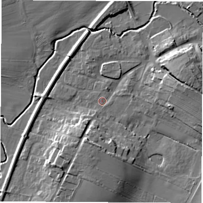 Shaded relief map of the ground around DL62QN, computed from Environment Agency LiDAR. The ground here sits at about 45 m above sea level and falls 15 m across the surrounding 800 m. Surface water reaching this point runs off ground lying to the south-south-west, 1.5 m higher.
