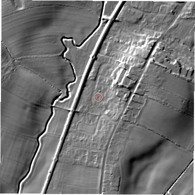 Shaded relief map of the ground around DL62QQ, computed from Environment Agency LiDAR. The ground here sits at about 44 m above sea level and falls 15 m across the surrounding 800 m. Surface water reaching this point runs off ground lying to the east-north-east, 8.7 m higher.