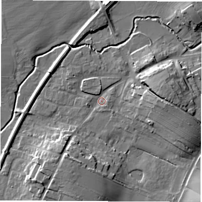 Shaded relief map of the ground around DL62QR, computed from Environment Agency LiDAR. The ground here sits at about 45 m above sea level and falls 15 m across the surrounding 800 m. Surface water reaching this point runs off ground lying to the east, 10.2 m higher.