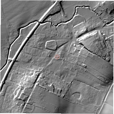 Shaded relief map of the ground around DL62QS, computed from Environment Agency LiDAR. The ground here sits at about 45 m above sea level and falls 15 m across the surrounding 800 m. Surface water reaching this point runs off ground lying to the north-east, 1.8 m higher.