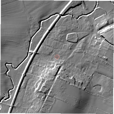Shaded relief map of the ground around DL62QW, computed from Environment Agency LiDAR. The ground here sits at about 44 m above sea level and falls 16 m across the surrounding 800 m. Surface water reaching this point runs off ground lying to the south, 8.2 m higher.