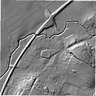 Shaded relief map of the ground around DL62QX, computed from Environment Agency LiDAR. The ground here sits at about 45 m above sea level and falls 15 m across the surrounding 800 m. Surface water reaching this point runs off ground lying to the south-south-east, 1.8 m higher.