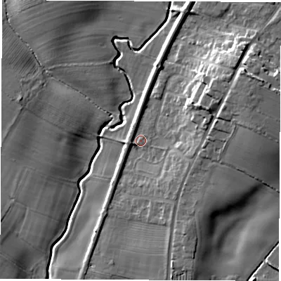 Shaded relief map of the ground around DL62QY, computed from Environment Agency LiDAR. The ground here sits at about 44 m above sea level and falls 15 m across the surrounding 800 m. Surface water reaching this point runs off ground lying to the north-east, 9.8 m higher.
