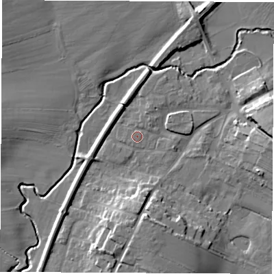 Shaded relief map of the ground around DL62RA, computed from Environment Agency LiDAR. The ground here sits at about 45 m above sea level and falls 15 m across the surrounding 800 m. Surface water reaching this point runs off ground lying to the east, 10.2 m higher.