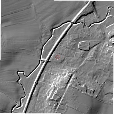 Shaded relief map of the ground around DL62RB, computed from Environment Agency LiDAR. The ground here sits at about 44 m above sea level and falls 14 m across the surrounding 800 m. Surface water reaching this point runs off ground lying to the north-east, 1.0 m higher.