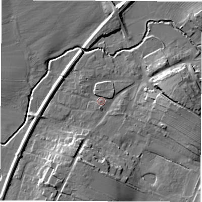Shaded relief map of the ground around DL62RD, computed from Environment Agency LiDAR. The ground here sits at about 45 m above sea level and falls 15 m across the surrounding 800 m. Surface water reaching this point runs off ground lying to the east, 10.2 m higher.