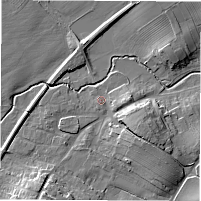 Shaded relief map of the ground around DL62RE, computed from Environment Agency LiDAR. The ground here sits at about 45 m above sea level and falls 14 m across the surrounding 800 m. Surface water reaching this point runs off ground lying to the south-east, 10.8 m higher.