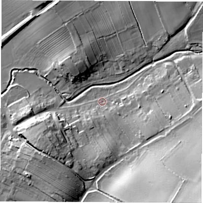 Shaded relief map of the ground around DL62RL, computed from Environment Agency LiDAR. The ground here sits at about 45 m above sea level and falls 26 m across the surrounding 800 m. Surface water reaching this point runs off ground lying to the east-south-east, 6.8 m higher.