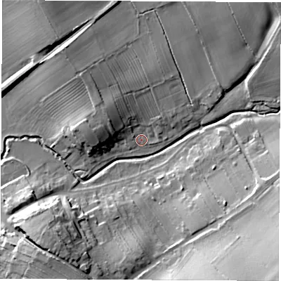 Shaded relief map of the ground around DL62RN, computed from Environment Agency LiDAR. The ground here sits at about 45 m above sea level and falls 21 m across the surrounding 800 m. Surface water reaching this point runs off ground lying to the north-west, 7.5 m higher.