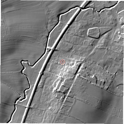 Shaded relief map of the ground around DL62RP, computed from Environment Agency LiDAR. The ground here sits at about 45 m above sea level and falls 14 m across the surrounding 800 m. Surface water reaching this point runs off ground lying to the south-east, 7.3 m higher.