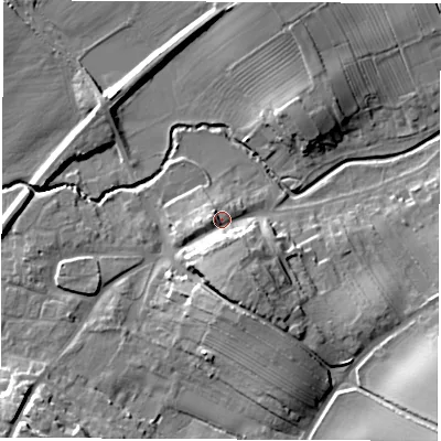 Shaded relief map of the ground around DL62RQ, computed from Environment Agency LiDAR. The ground here sits at about 48 m above sea level and falls 16 m across the surrounding 800 m. Surface water reaching this point runs off ground lying to the south, 7.3 m higher.