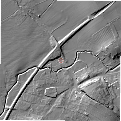 Shaded relief map of the ground around DL62RU, computed from Environment Agency LiDAR. The ground here sits at about 44 m above sea level and falls 15 m across the surrounding 800 m. Surface water reaching this point runs off ground lying to the north-north-west, 4.5 m higher.
