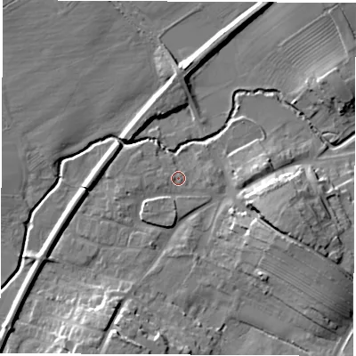 Shaded relief map of the ground around DL62UT, computed from Environment Agency LiDAR. The ground here sits at about 45 m above sea level and falls 15 m across the surrounding 800 m. Surface water reaching this point runs off ground lying to the west-south-west, 0.8 m higher.