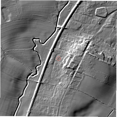 Shaded relief map of the ground around DL62UX, computed from Environment Agency LiDAR. The ground here sits at about 44 m above sea level and falls 14 m across the surrounding 800 m. Surface water reaching this point runs off ground lying to the east, 9.8 m higher.