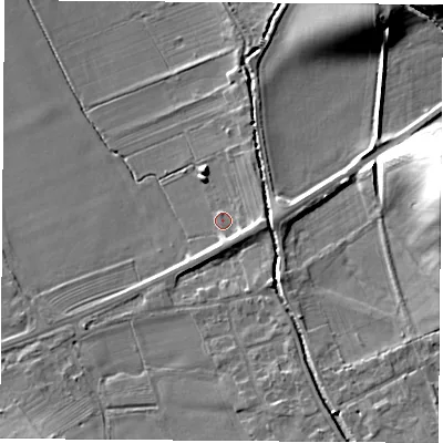 Shaded relief map of the ground around DL63AU, computed from Environment Agency LiDAR. The ground here sits at about 77 m above sea level and falls 23 m across the surrounding 800 m. Surface water reaching this point runs off ground lying to the east-south-east, 2.9 m higher.