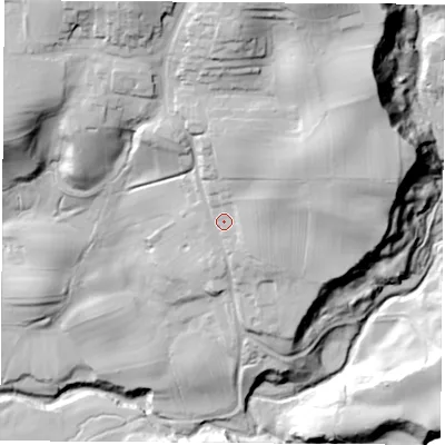 Shaded relief map of the ground around DL63BP, computed from Environment Agency LiDAR. The ground here sits at about 151 m above sea level and falls 64 m across the surrounding 800 m. Surface water reaching this point runs off ground lying to the north-east, 15.0 m higher.