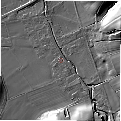 Shaded relief map of the ground around DL63DG, computed from Environment Agency LiDAR. The ground here sits at about 82 m above sea level and falls 32 m across the surrounding 800 m. Surface water reaching this point runs off ground lying to the south-east, 2.5 m higher.