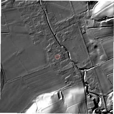 Shaded relief map of the ground around DL63DH, computed from Environment Agency LiDAR. The ground here sits at about 83 m above sea level and falls 35 m across the surrounding 800 m. Surface water reaching this point runs off ground lying to the south-east, 2.7 m higher.