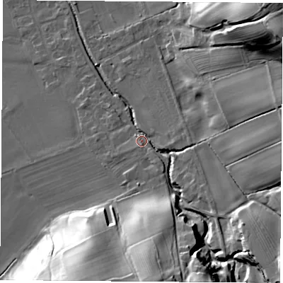Shaded relief map of the ground around DL63DJ, computed from Environment Agency LiDAR. The ground here sits at about 85 m above sea level and falls 40 m across the surrounding 800 m. Surface water reaching this point runs off ground lying to the south, 29.0 m higher.