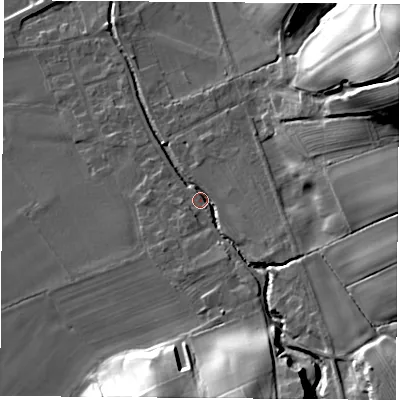 Shaded relief map of the ground around DL63DQ, computed from Environment Agency LiDAR. The ground here sits at about 82 m above sea level and falls 40 m across the surrounding 800 m. Surface water reaching this point runs off ground lying to the south-south-east, 21.9 m higher.