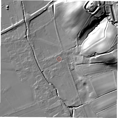 Shaded relief map of the ground around DL63EA, computed from Environment Agency LiDAR. The ground here sits at about 81 m above sea level and falls 42 m across the surrounding 800 m. Surface water reaching this point runs off ground lying to the east, 36.2 m higher.