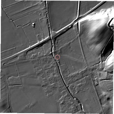 Shaded relief map of the ground around DL63ED, computed from Environment Agency LiDAR. The ground here sits at about 79 m above sea level and falls 35 m across the surrounding 800 m. Surface water reaching this point runs off ground lying to the south-south-east, 6.8 m higher.