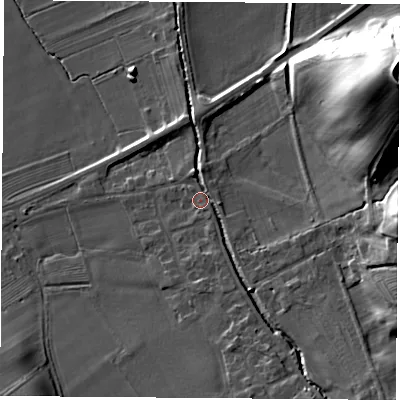 Shaded relief map of the ground around DL63EF, computed from Environment Agency LiDAR. The ground here sits at about 79 m above sea level and falls 33 m across the surrounding 800 m. Surface water reaching this point runs off ground lying to the south-east, 7.2 m higher.