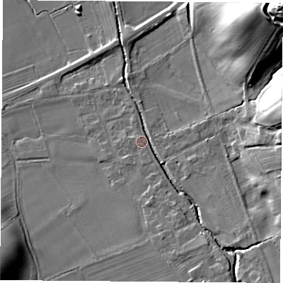 Shaded relief map of the ground around DL63EG, computed from Environment Agency LiDAR. The ground here sits at about 80 m above sea level and falls 36 m across the surrounding 800 m. Surface water reaching this point runs off ground lying to the south-east, 9.7 m higher.